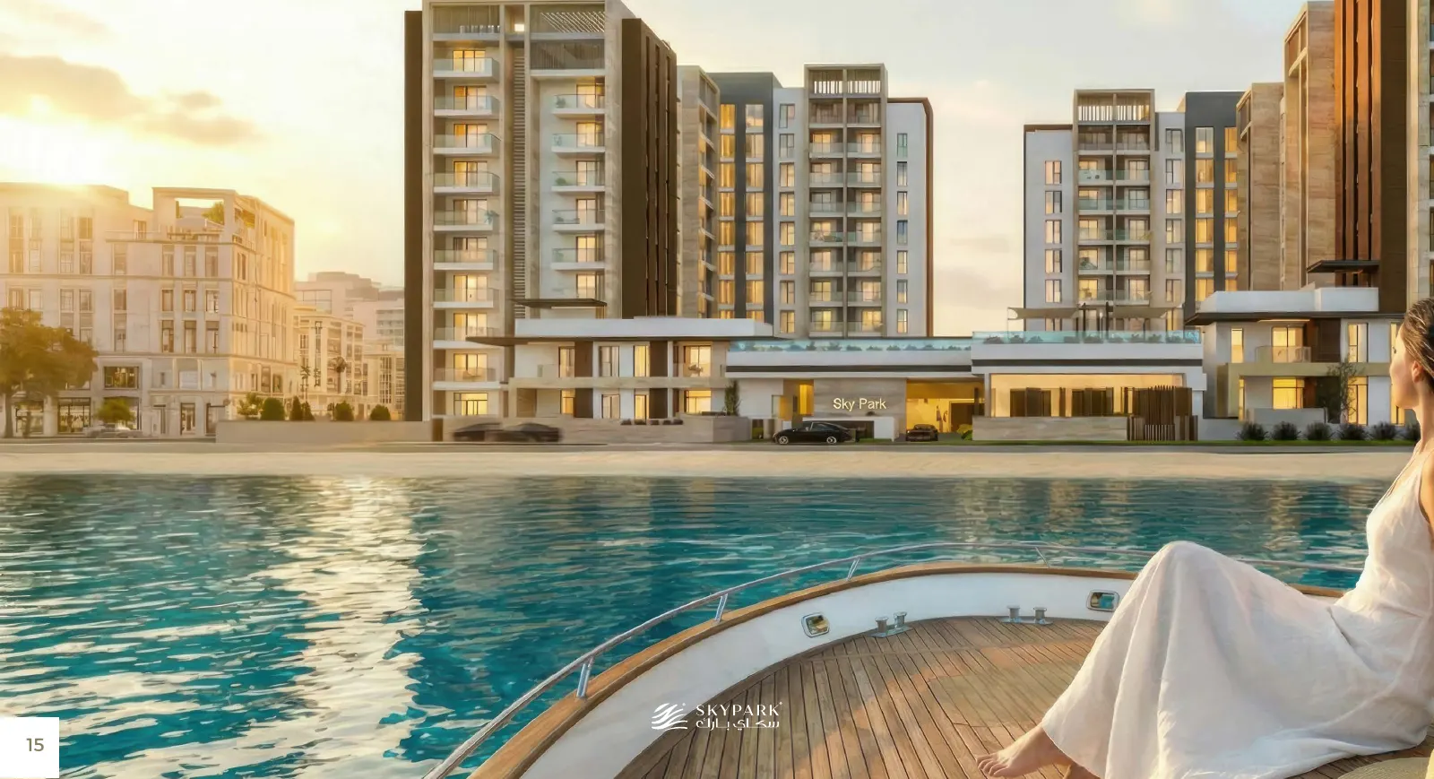 Sky Park buildings seen from the marina water