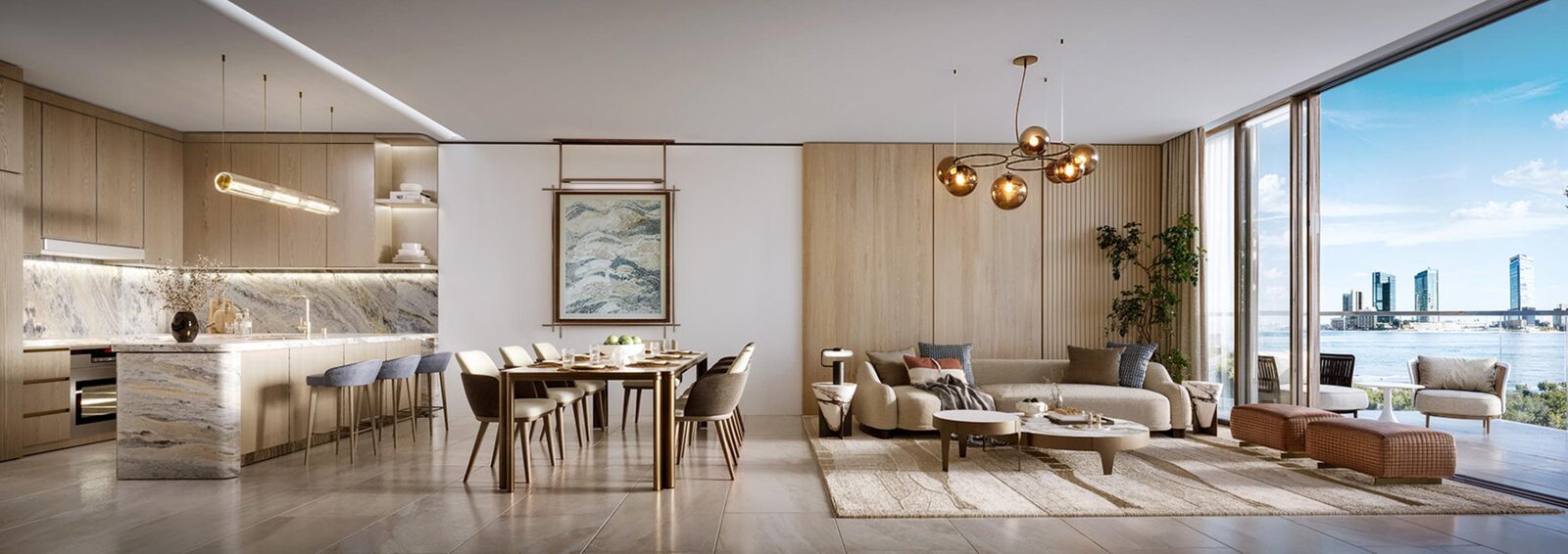 Living and dining interior with waterfront outlook