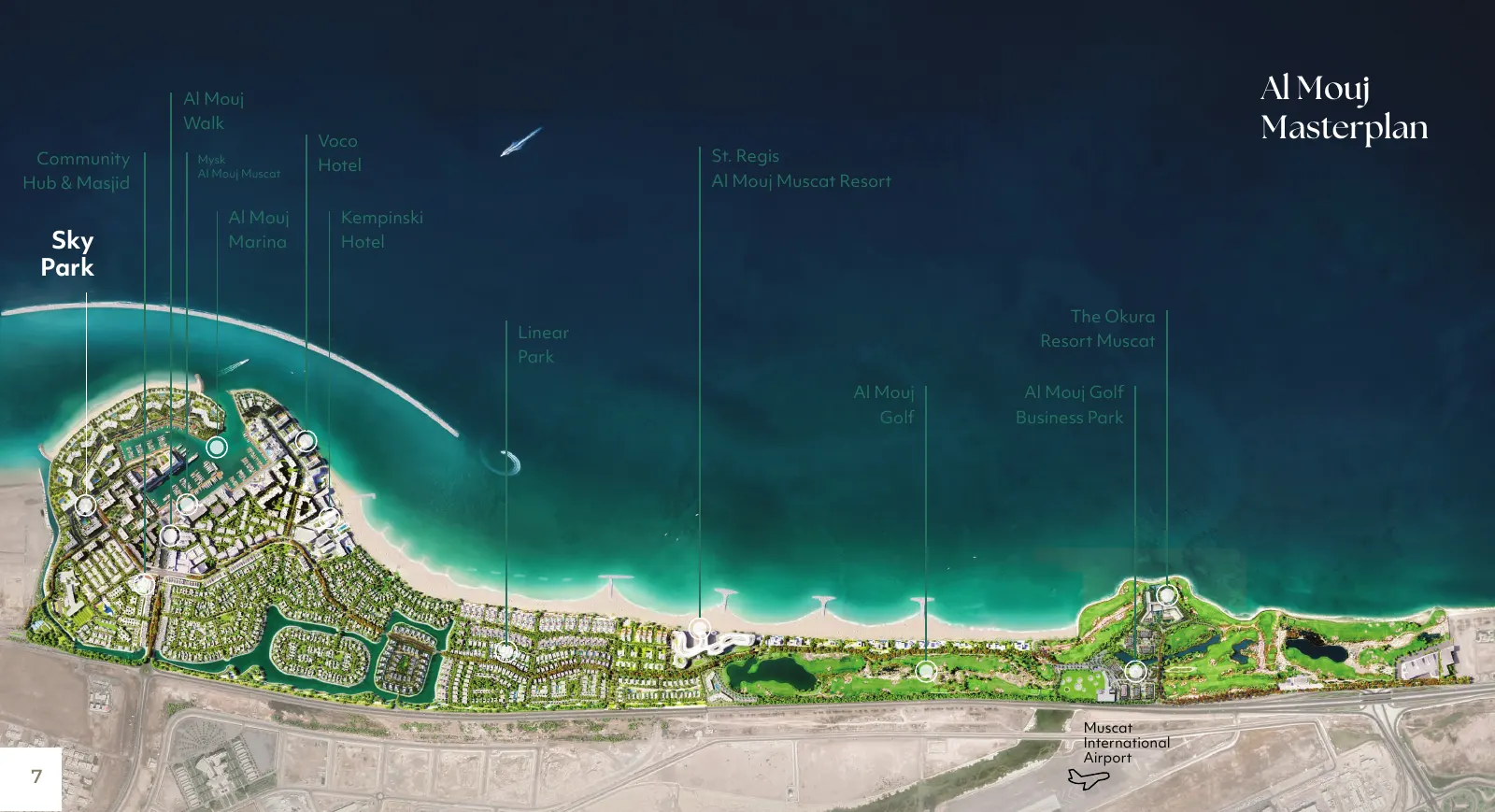 Al Mouj masterplan from the Sky Park brochure showing marina, hotels, golf and airport