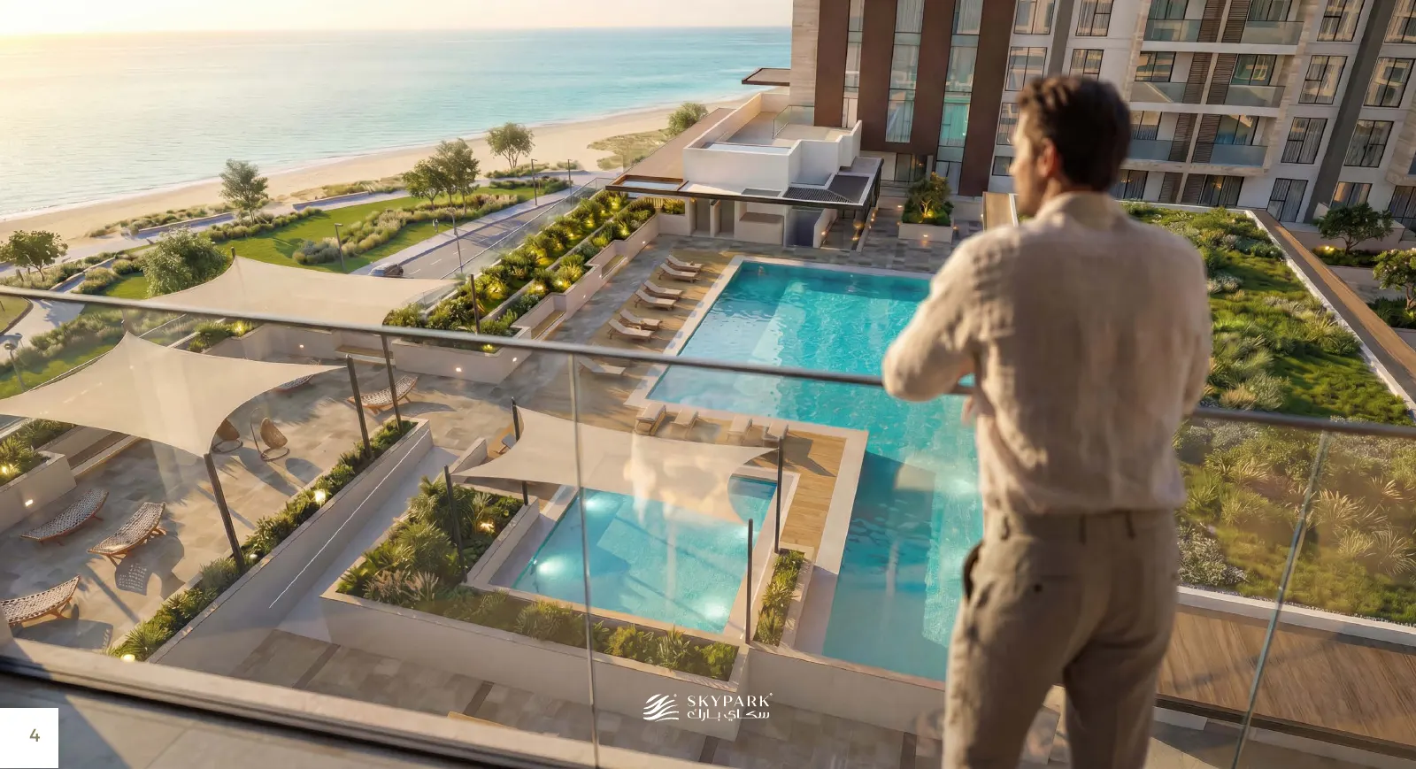 Balcony view over the Sky Park pool deck towards the beach