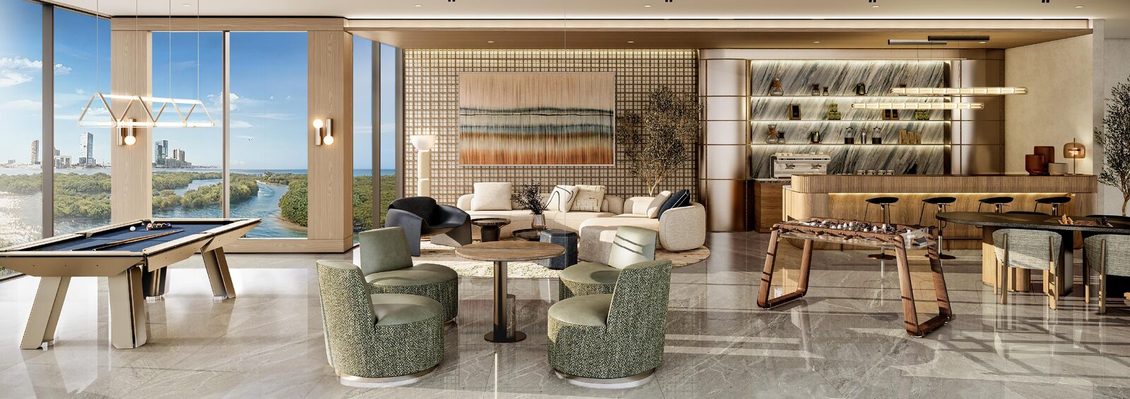 Recreational lounge with games area and mangrove views
