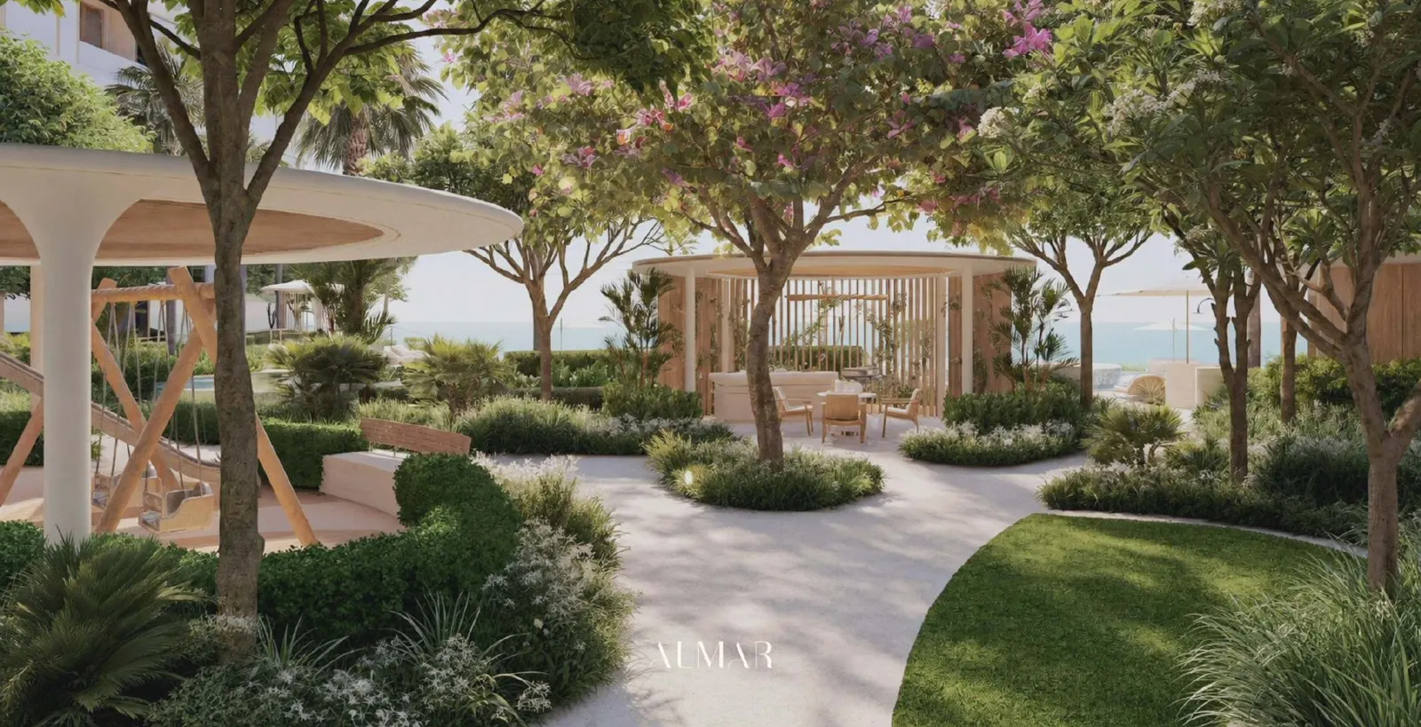 Landscaped gardens and walking paths at ALMAR Residences