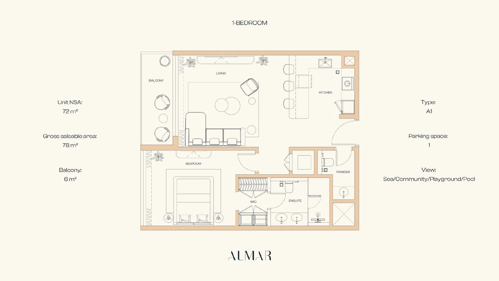 ALMAR Residences 1 Bedroom floor plan, type A1