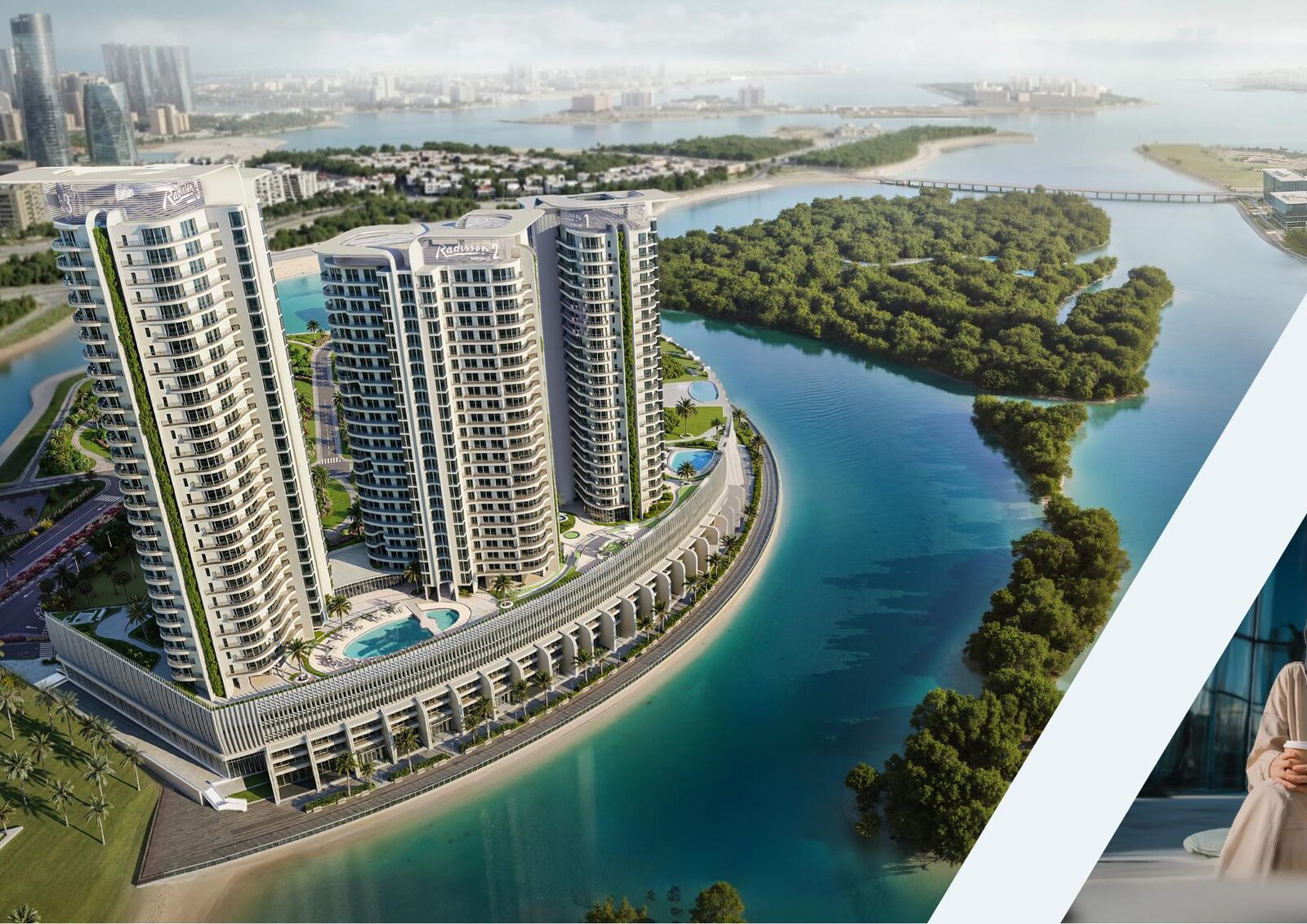 Aerial view of Radisson Residences Al Reem Island beside the mangroves