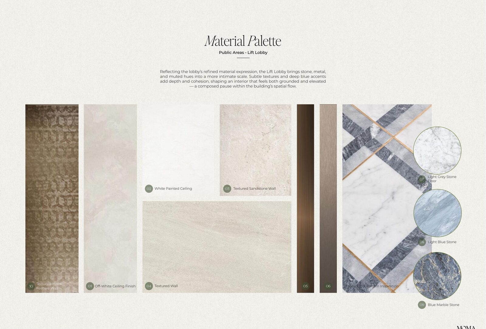 Material and finishes palette used across the residences