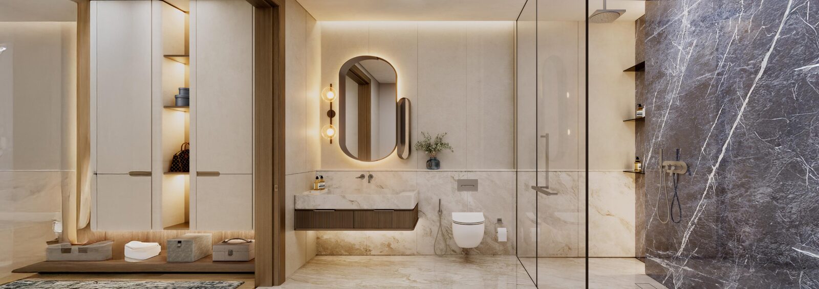 Stone-clad bathroom with walk-in shower