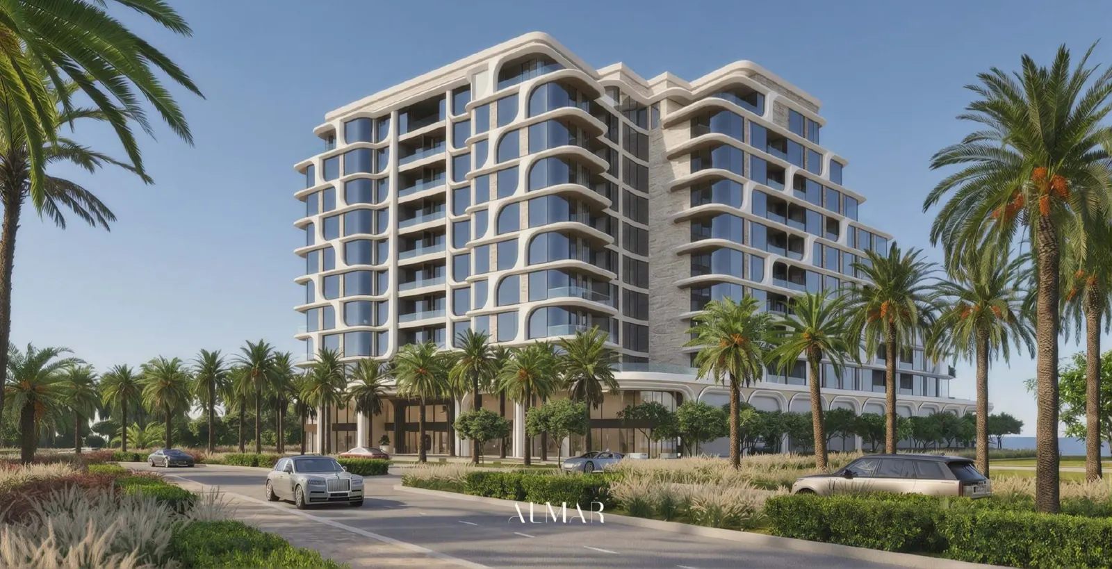ALMAR Residences main exterior architecture with palm-lined entrance road