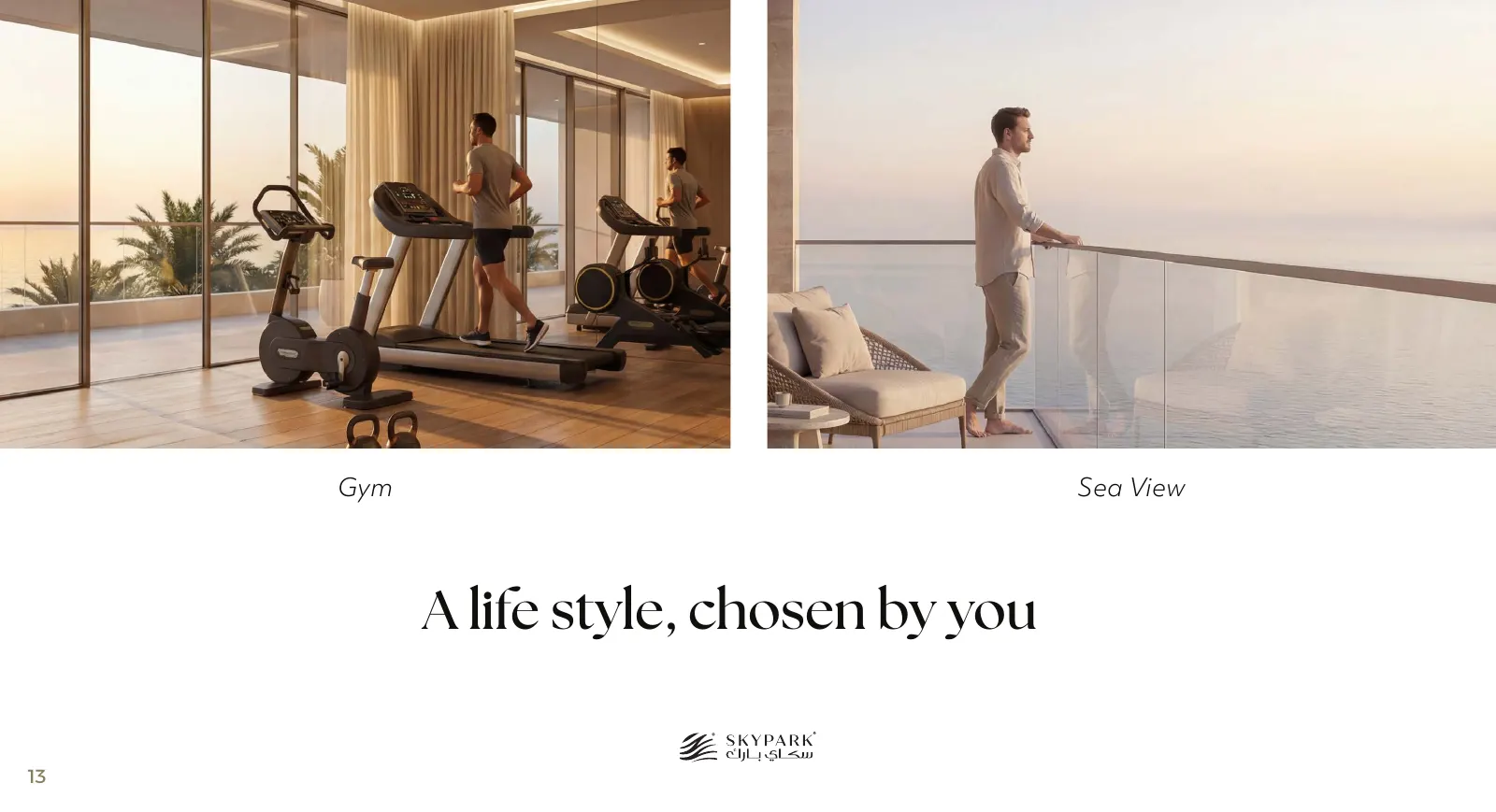 Sky Park gym interior and sea-view balcony lifestyle images