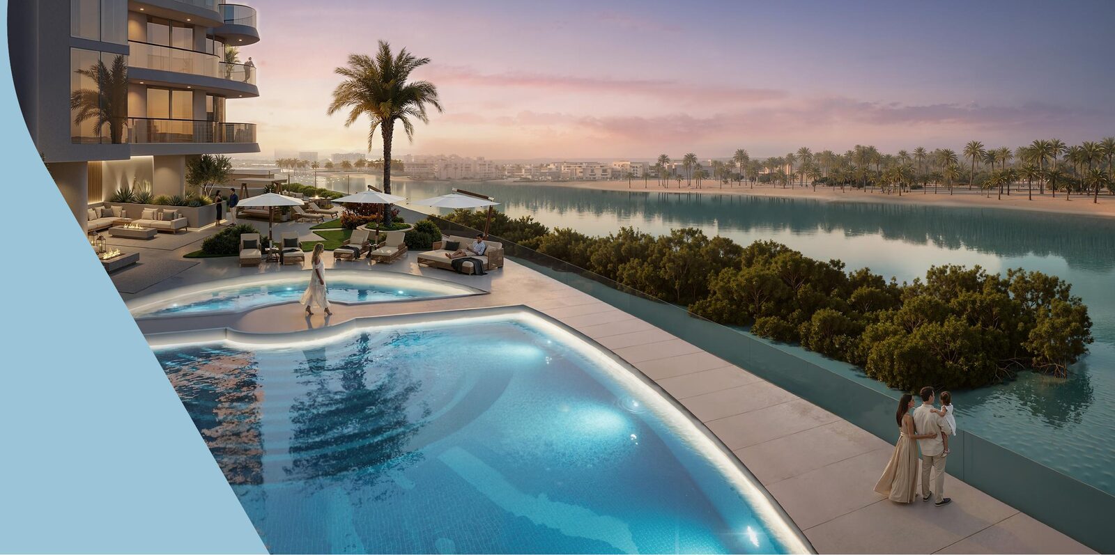 Pool deck overlooking the mangrove channel at Radisson Residences