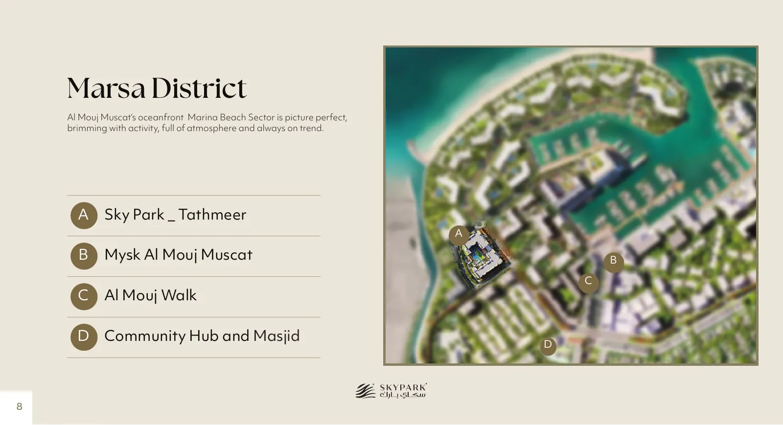 Developer map of Marsa District showing Sky Park, Mysk Al Mouj, Al Mouj Walk and the Community Hub