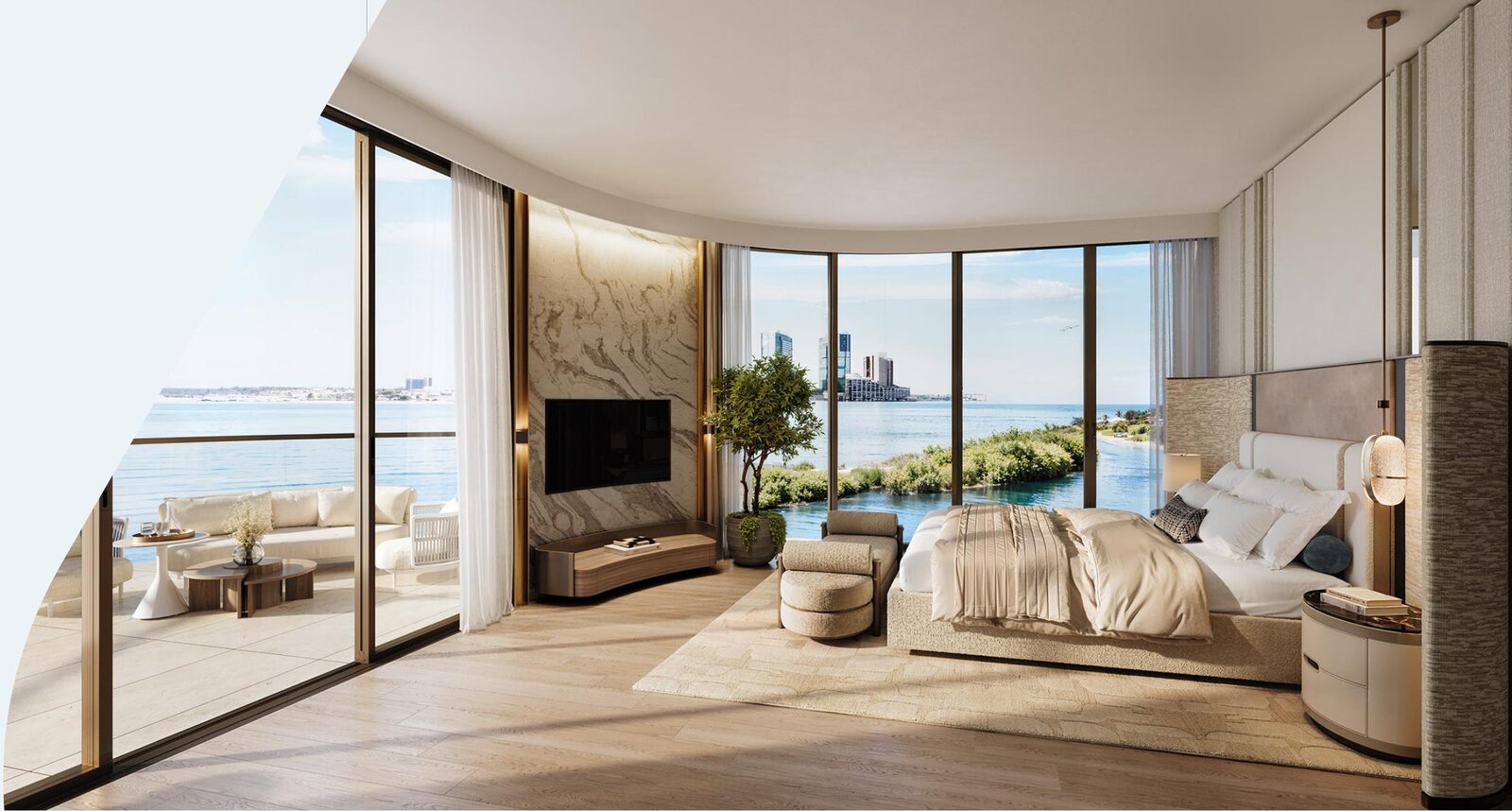 Furnished bedroom and living space with floor-to-ceiling windows