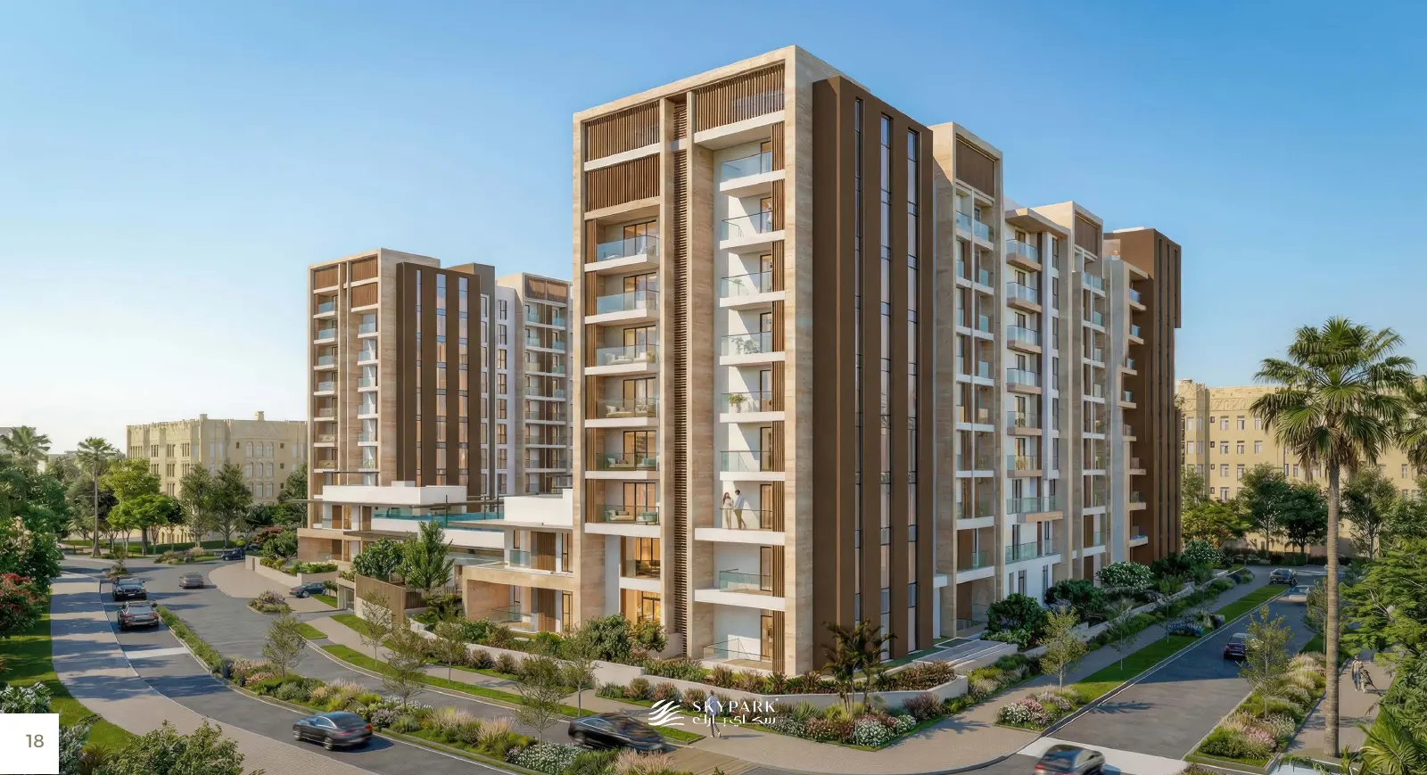 Sky Park apartment building beside a landscaped boulevard