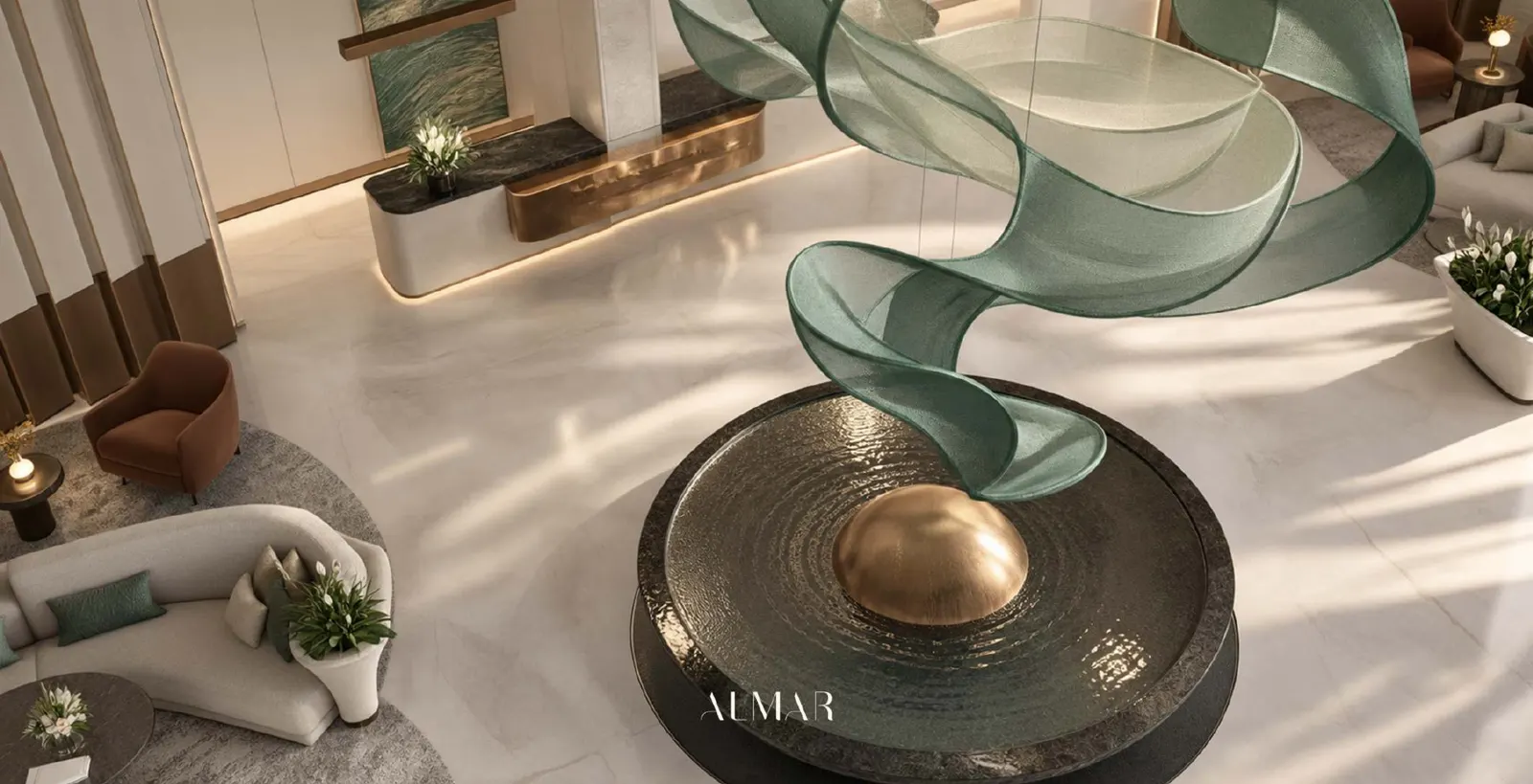 ALMAR Residences lobby with sculptural feature