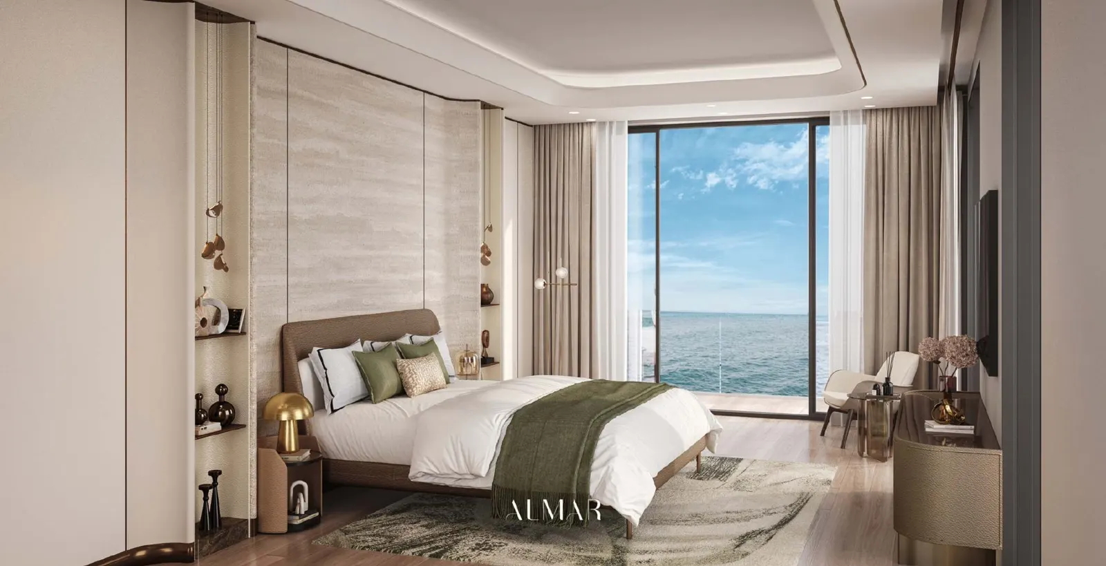 Bedroom interior with sea-facing windows in an ALMAR residence
