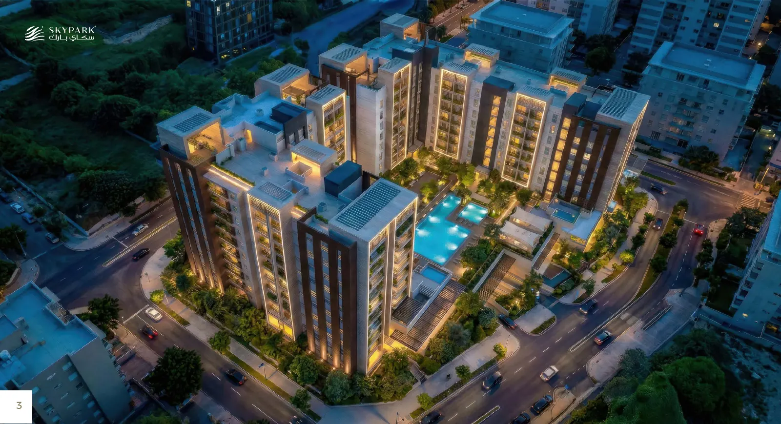 Aerial architectural rendering of Sky Park apartment buildings and pool deck in Al Mouj, Muscat