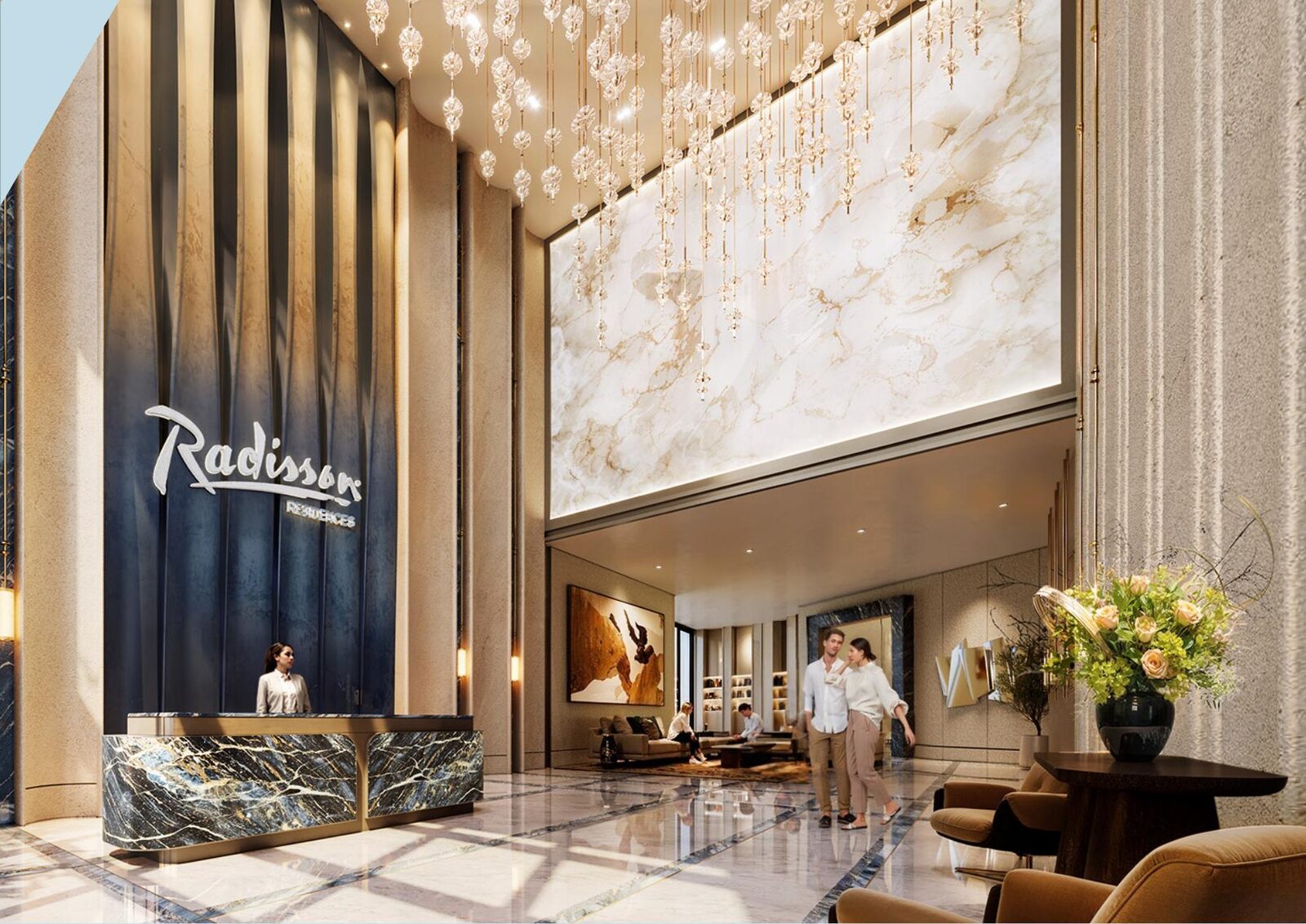 Branded arrival lobby at Radisson Residences Al Reem Island
