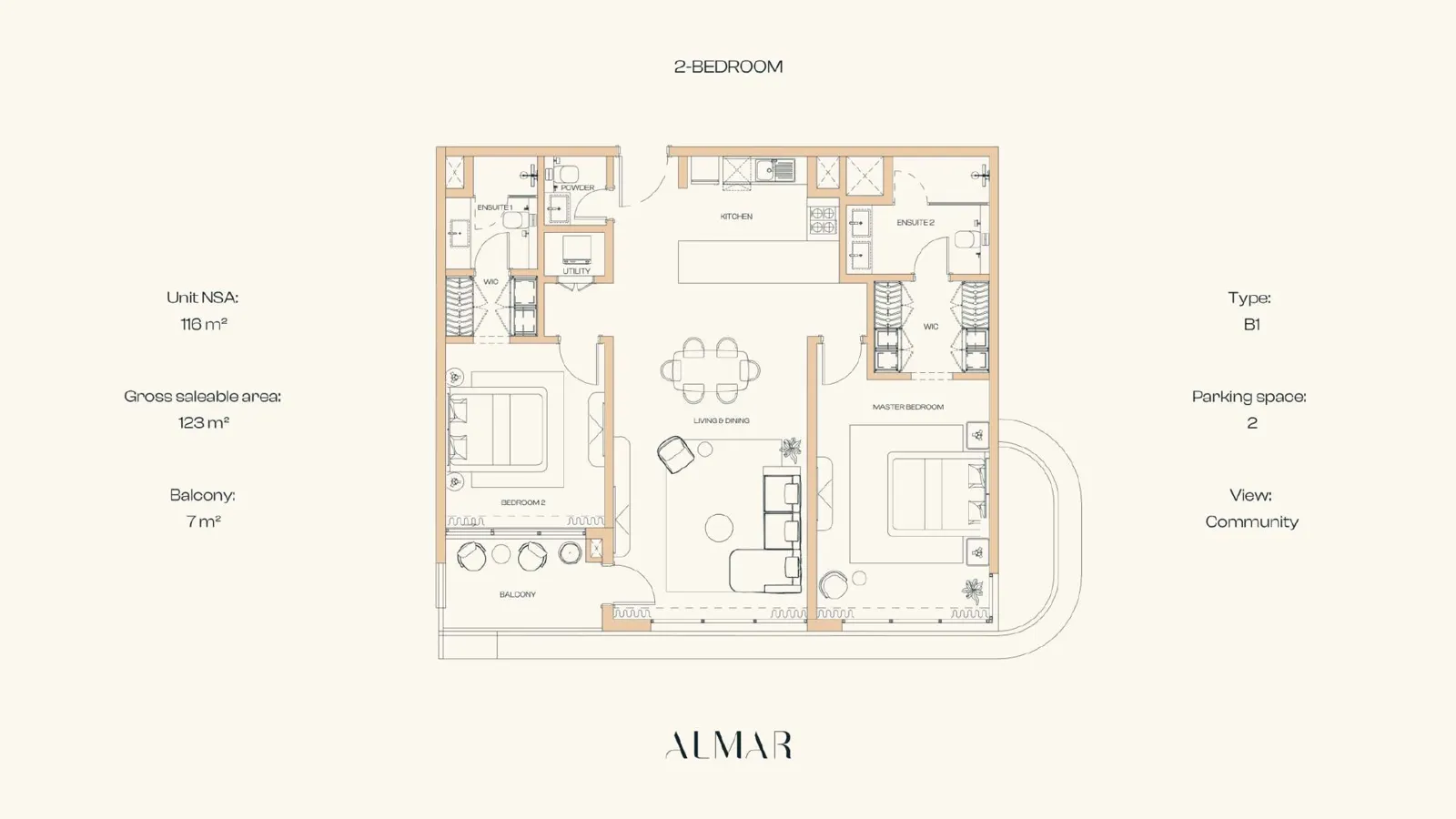 ALMAR Residences 2 Bedrooms floor plan, type B1