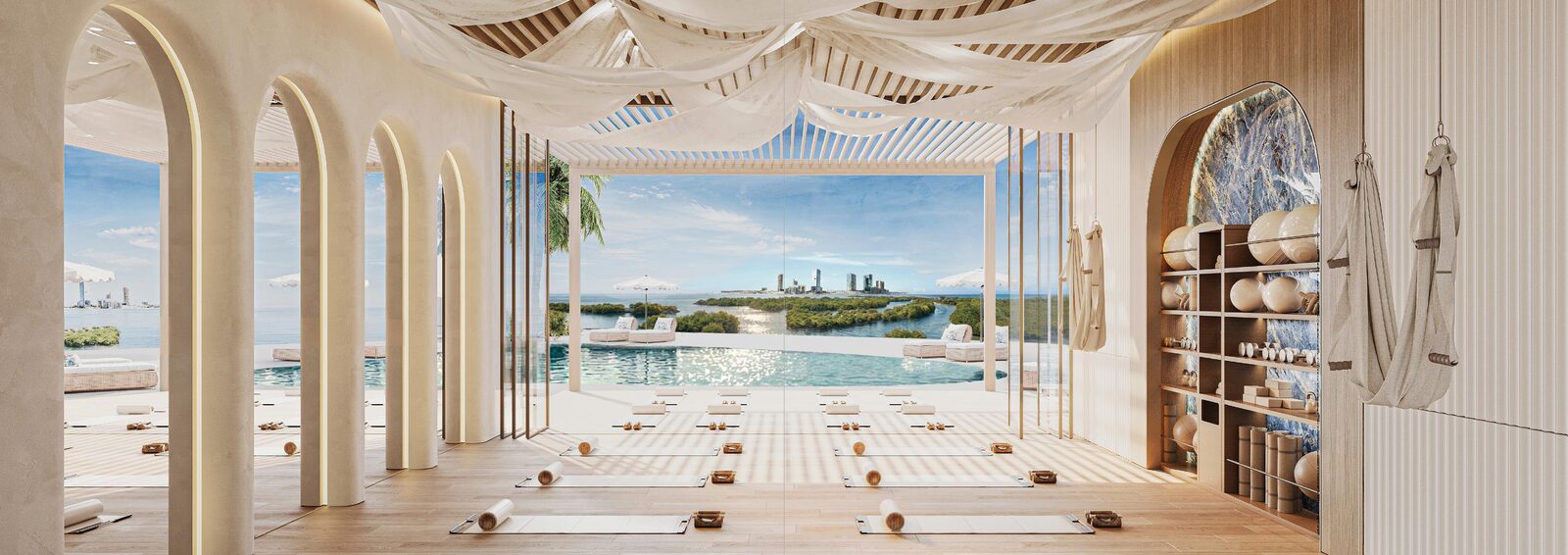 Indoor pool and wellness area with arched openings