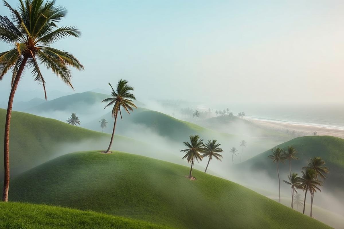 Paisaje verde de Salalah durante la temporada de Khareef, junto al mar Arábigo